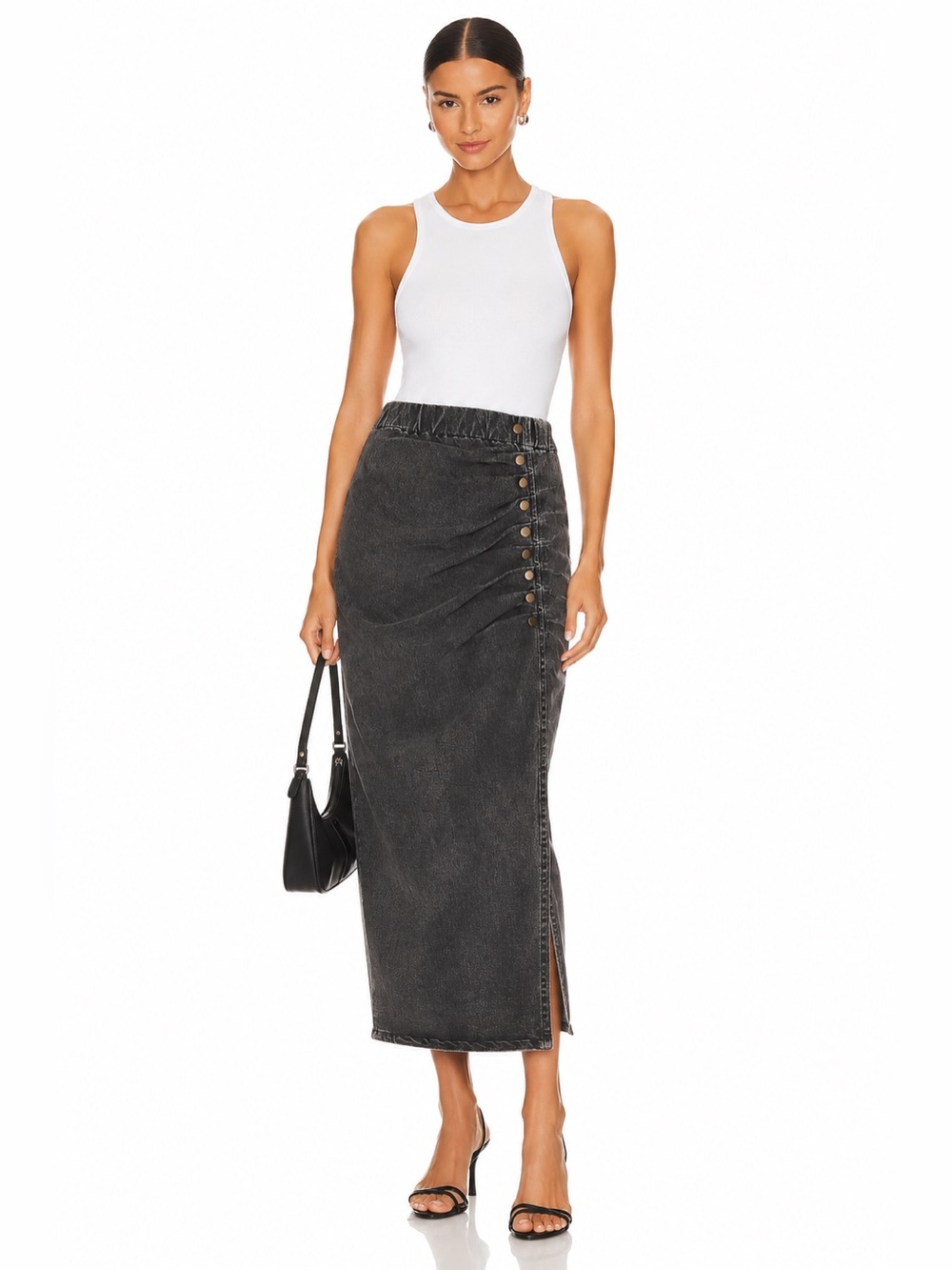 Ellie Makir New York Gray Denim Midi Skirt XS Ruched Snap Detail Stretch Pencil